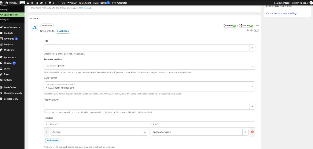 Uncanny Automator action that sends data to a webhook, with the URL, POST method, and headers